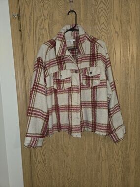 Cato Cream and Red Plaid Shacket Jacket